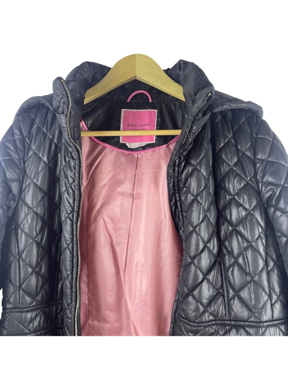 Kate Spade Black Quilted Puffer Jacket Coat Womens Medium Zip Front With Pockets - Picture 7 of 11